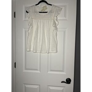 Hem And Thread Flutter Sleeve Floral Eyelet Top Medium White  Nwt